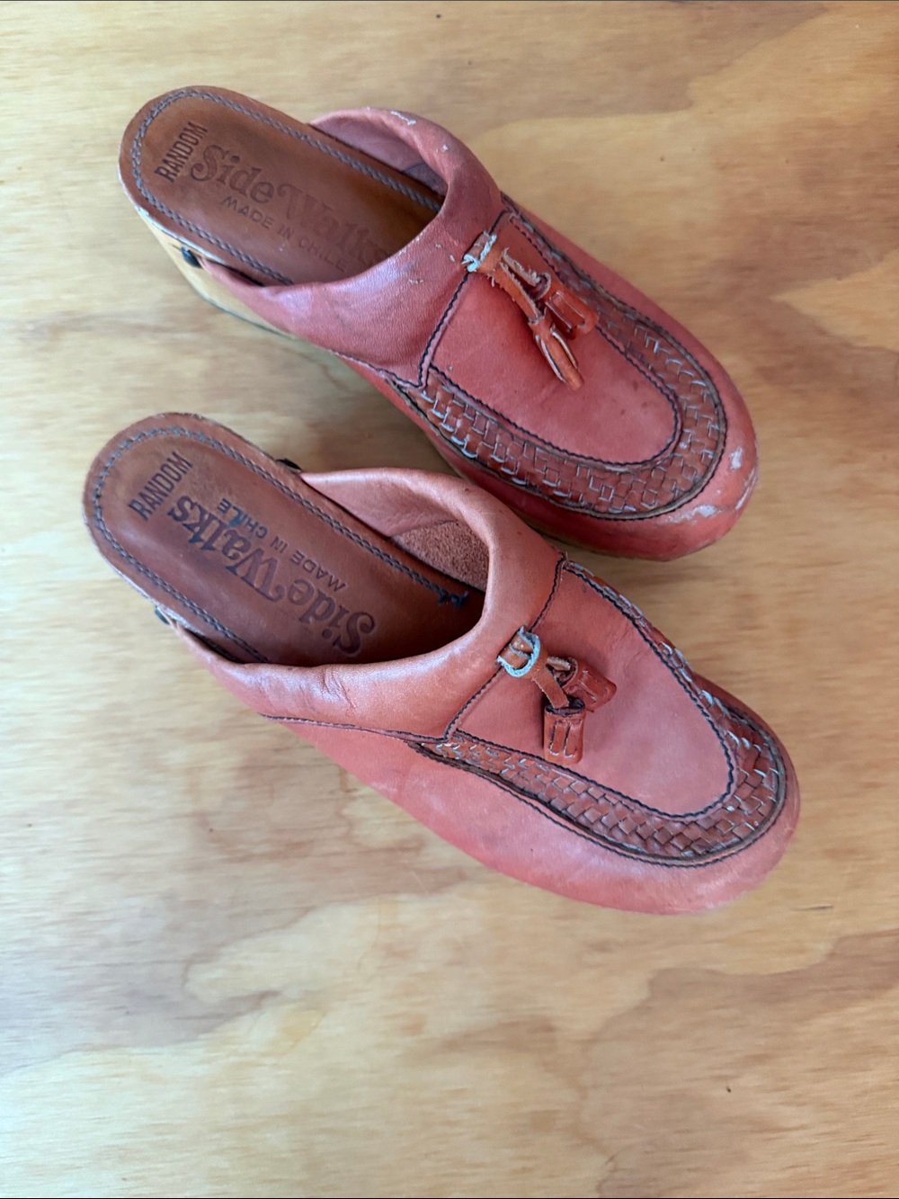 Vintage SideWalks Leather Tassel Mules in Coral